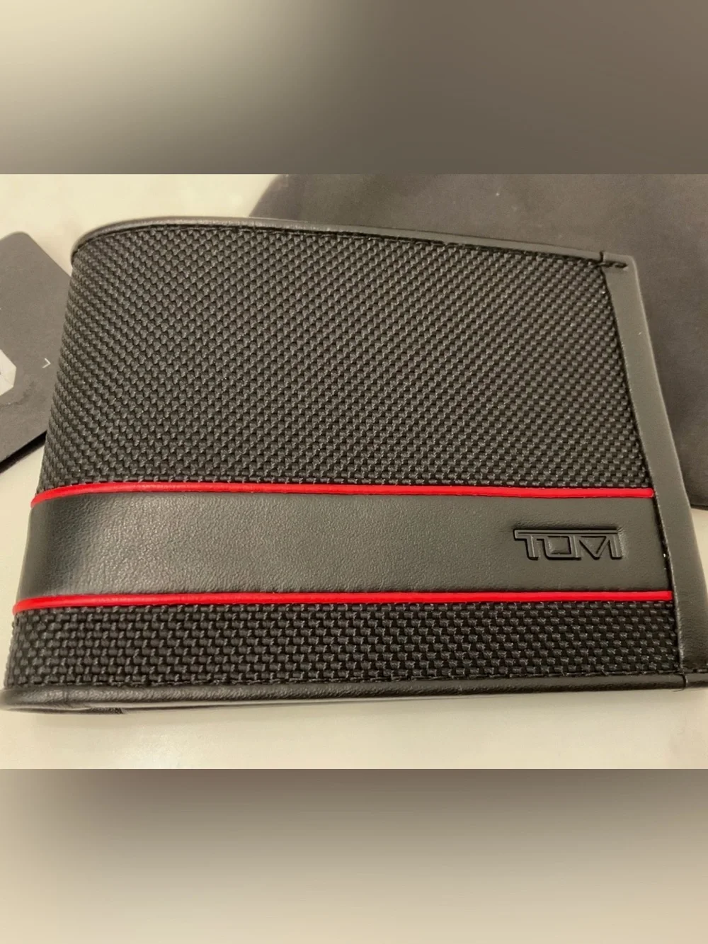 Tumi ALPHA Ballistic Nylon & Leather Global Double Billfold Wallet - BLACK & RED